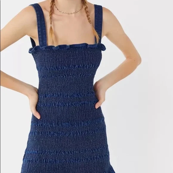 NWOT UO Sofia Denim Smocked Mini Dress - Picture 2 of 5